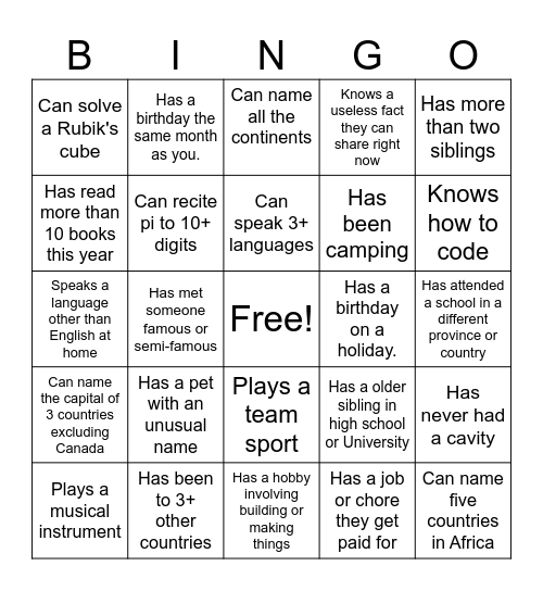 Human Bingo Card