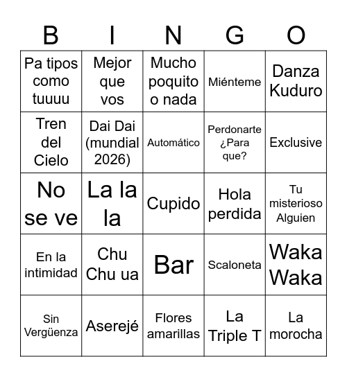 Bingo Musical Bingo Card