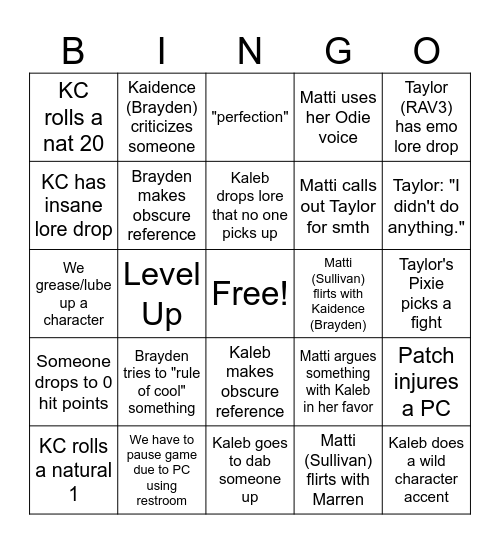 D&D Bingo Card