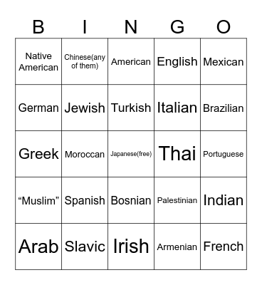 Cha ethnic question bingo Card