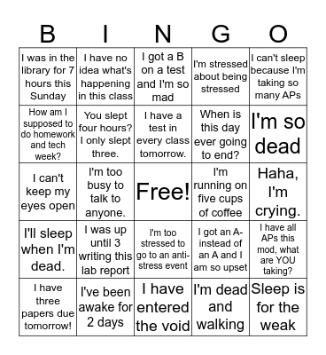 Stress Olympics Bingo Card