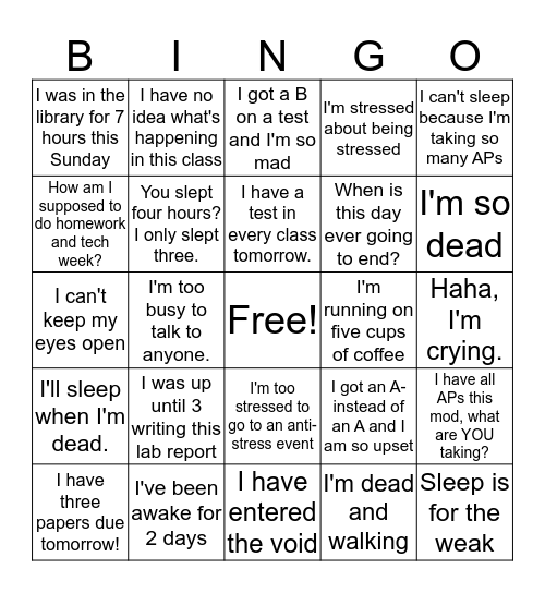 Stress Olympics Bingo Card