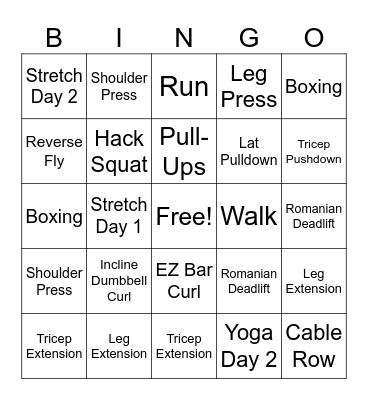 Lance's Workouts Bingo Card