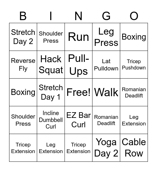 Lance's Workouts Bingo Card