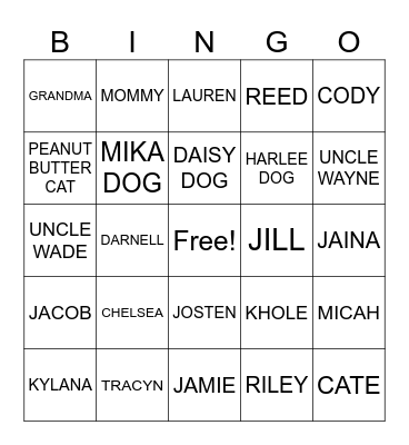 Family friend pet Bingo Card