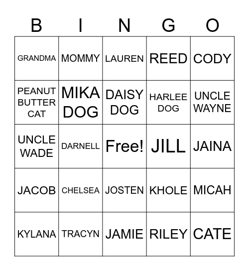 Family friend pet Bingo Card