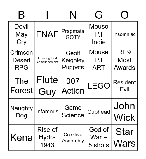 Game Awards 2026 Bingo Card