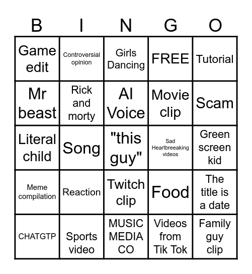 YouTube shorts Bingo Card