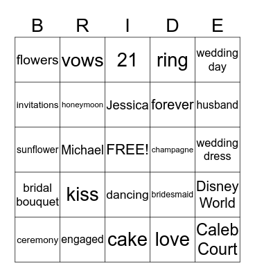 Bridal Bingo Card