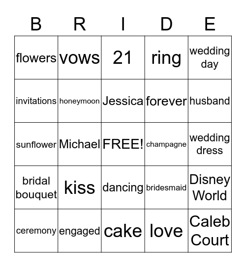 Bridal Bingo Card