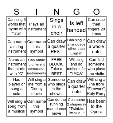 SINGO Bingo Card