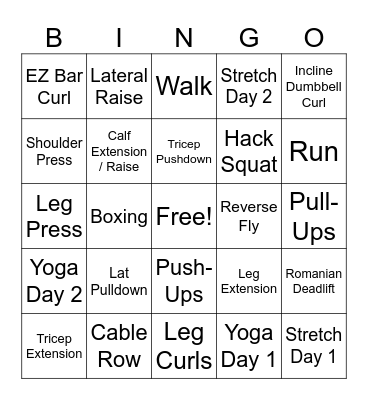 Lance's Workouts Bingo Card