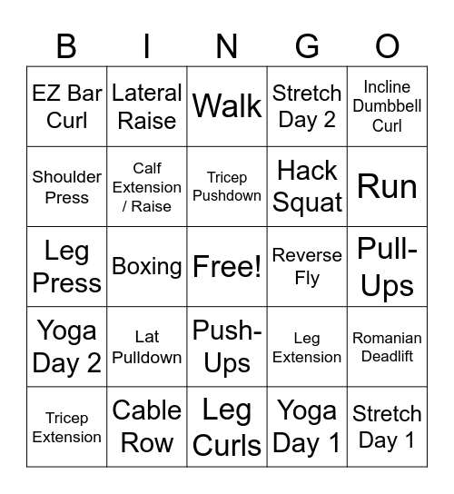 Lance's Workouts Bingo Card
