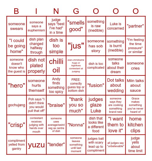 MASTERCHEF!!!!! Bingo Card