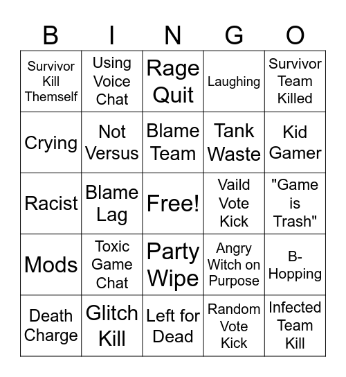 Left 4 Dead 2 Rage Bingo Card