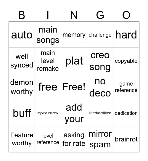 gd recent tab bingo Card