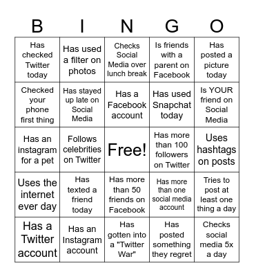 Social Media Bingo Card