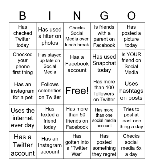 Social Media Bingo Card