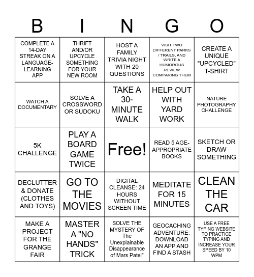 SUMMER VACATION BINGO Card