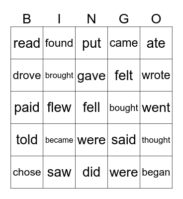 Past Simple irregular verbs Bingo Card