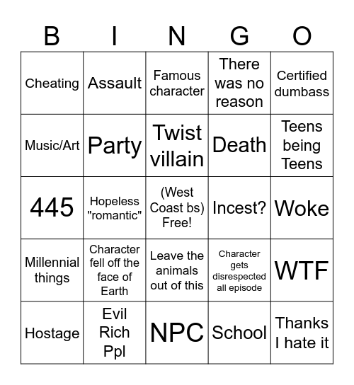 Santana Sims Bingo Card