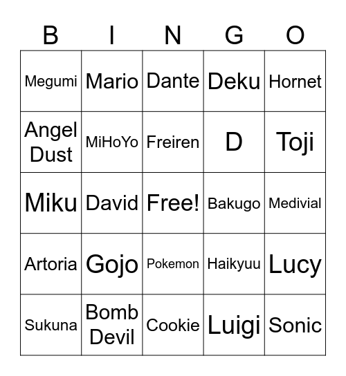 Cosplay Bingo Card