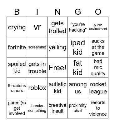 kids crashing out at videogames Bingo Card
