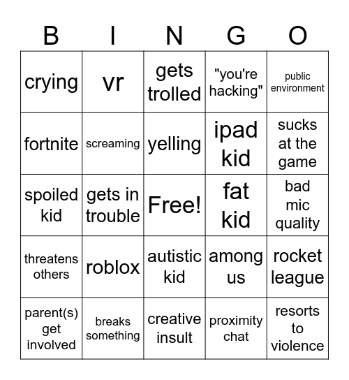 kids crashing out at videogames Bingo Card