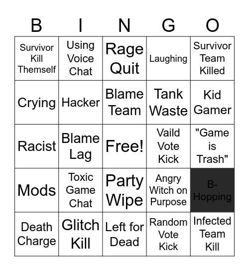Left 4 Dead 2 Rage Bingo Card