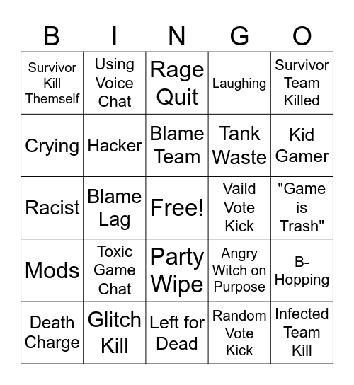Left 4 Dead 2 Rage Bingo Card