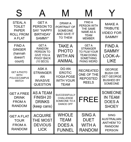 Sammy's Red Card Bingo Card