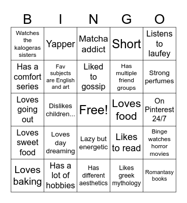 Me! Bingo Card