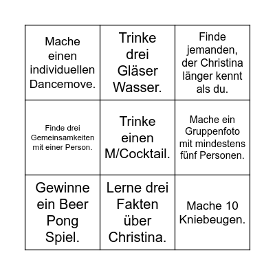 Chris Party Bingo Card
