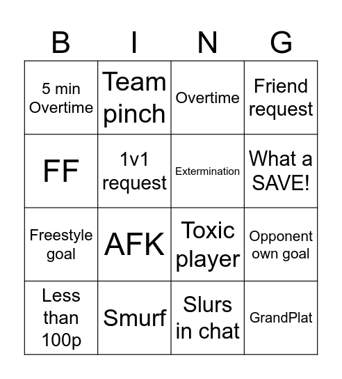 Rocket League Card Bingo Card