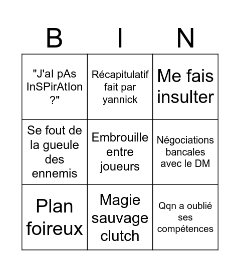 Mésaventures et dangers Bingo Card