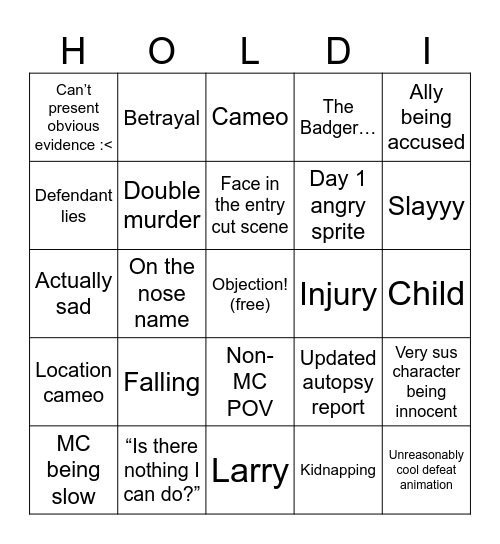 Ace Attorney Bingo Card