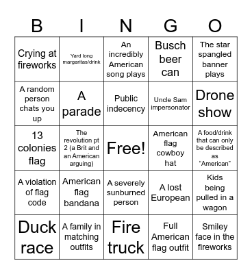 Fourth of July Bingo Card