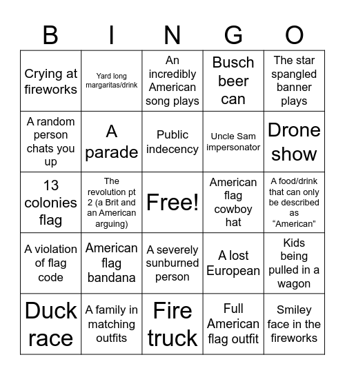 Fourth of July Bingo Card