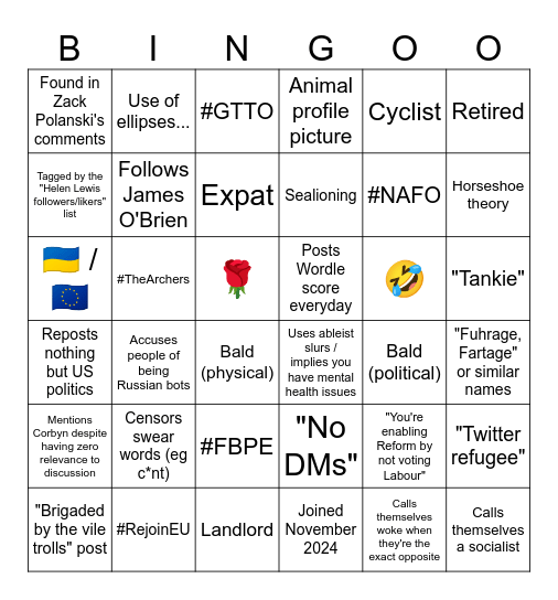 British Centrist Bingo Card
