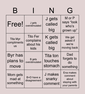 Family Reunion Bingo Card