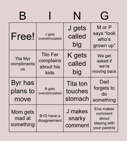 Family Reunion Bingo Card