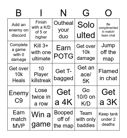 Healslut Bingo Card
