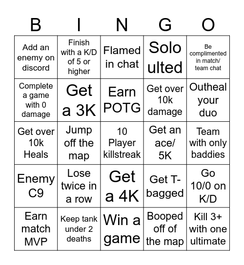 Healslut Bingo Card