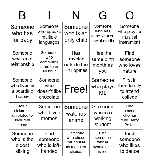 Get to Know Each Other Bingo Card
