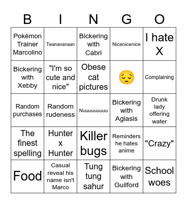 The Daily Life of Marco Bingo Card