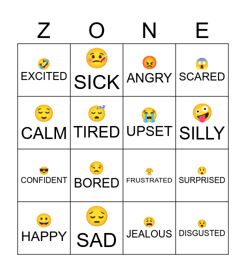 Zones of Regulation Bingo Card