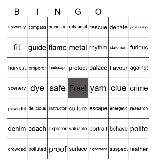 Vocabulary Bingo Card