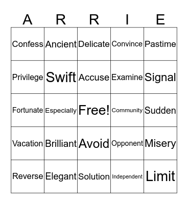 Arrie's Bingo Card