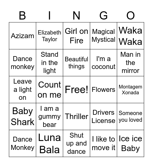 Song Bingo Green 1 Bingo Card