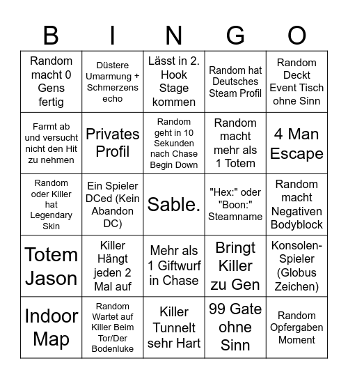 Dead By Daylight Bingo! Bingo Card